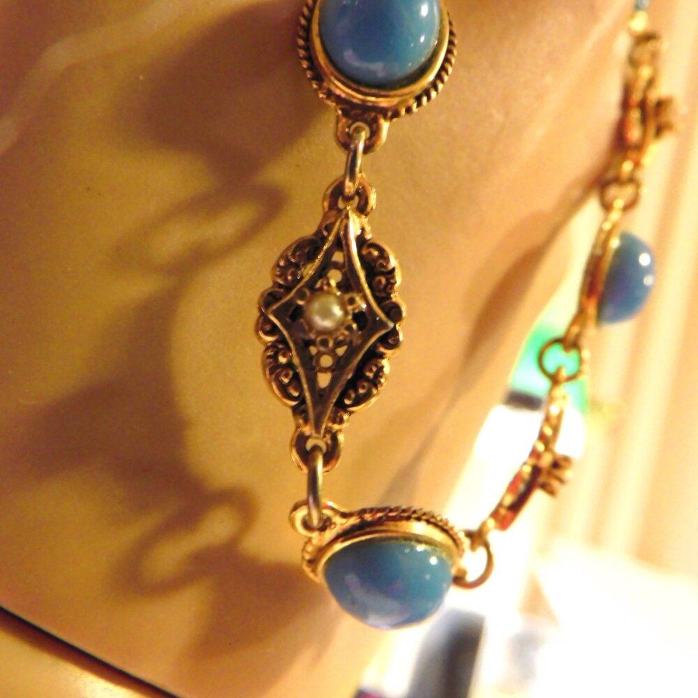 TURQUOISE and SEED PEARL BRACELET - 7.5" - Picture 4 of 6